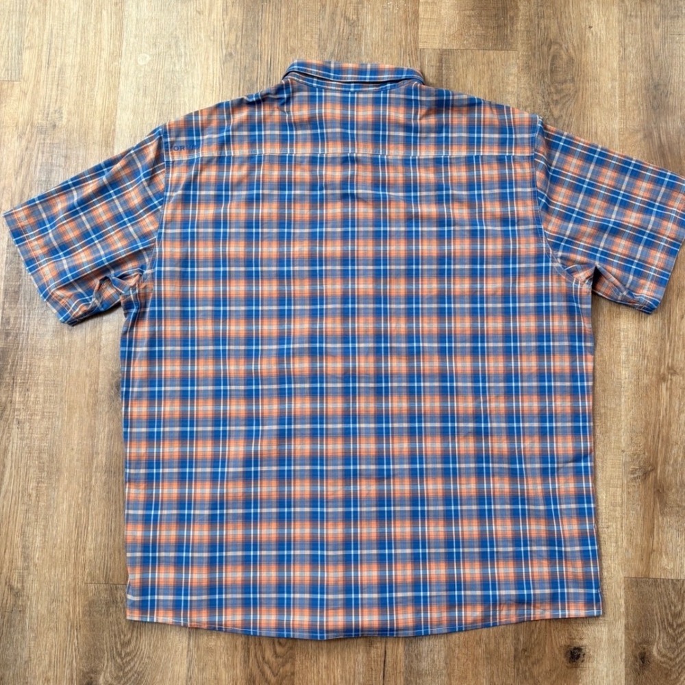 Orvis Mens XXL Active Fit Short Sleeve Plaid Western Snap Shirt Blue Orange - Picture 2 of 8